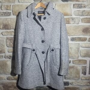 LIZ CLAIBORNE Pea Coat Black / White Wool Blend Double Breasted - Medium